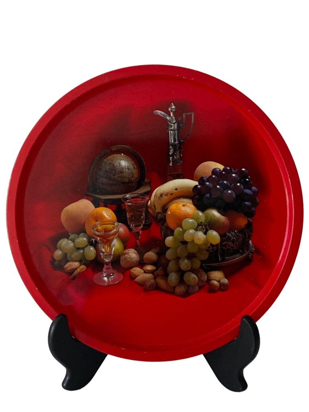 Round Serving Tray VTG Red Elite England Wine Cheese Design metal